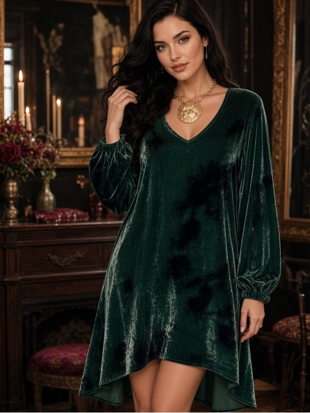 Blu Moon Velvet V-Neck Long Sleeve Dress/Tunic - Dark Green
